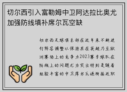 切尔西引入富勒姆中卫阿达拉比奥尤加强防线填补席尔瓦空缺